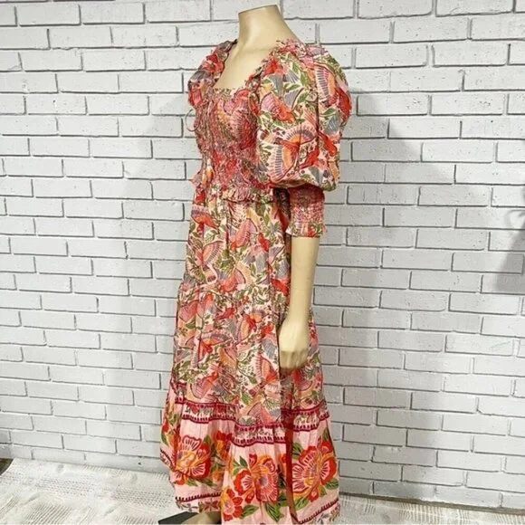 Farm Rio Women's Pink Macaw Flight Smocked Top Maxi Dress - Size Medium